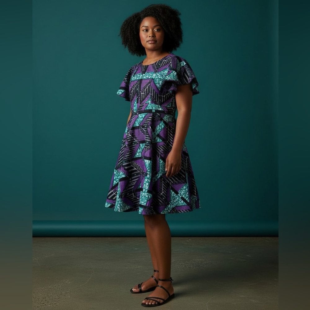 Ankara Wax Print Teal Purple Geo Dress Teal Sz L Flounce Midi Handmade New